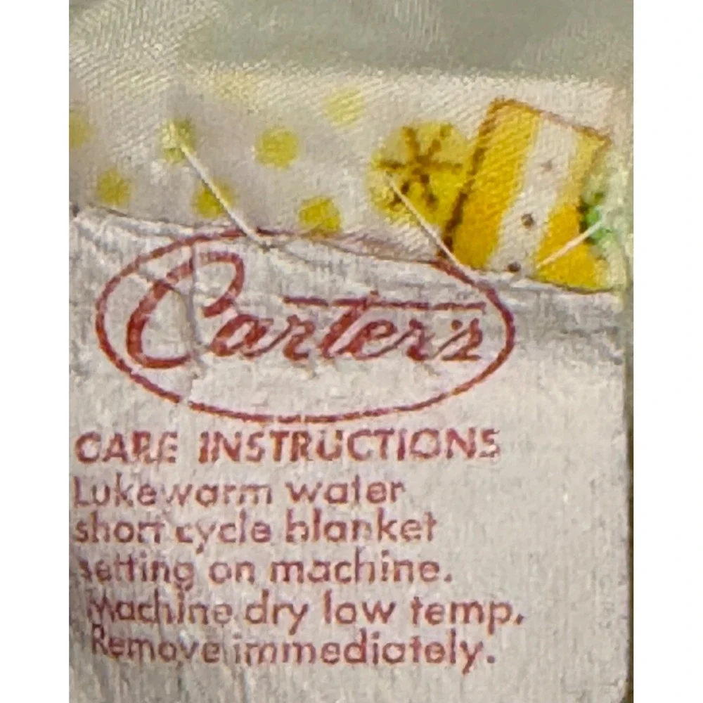 Vintage Carter's Baby Blanket Cream Yellow Satin Ruffle Trim Nursery Bear Train